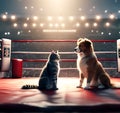 Cinematic Showdown: Dog and Cat Face Off in a Boxing Ring Royalty Free Stock Photo