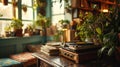 vintage record player next to a stack of vinyls, interior of a retro cafe, 1980s nostalgia, pastel color palette