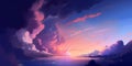 Cinematic sunlit sky, with huge cumulus clouds in the evening glow. Dreamlike fantasy sunset scene with beautiful colors.