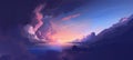 Cinematic sunlit sky, with huge cumulus clouds in the evening glow. Dreamlike fantasy sunset scene with beautiful colors.