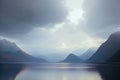 Cinematic image of large mirror like lake with the sun through clouds and blue, created with Generative AI technology