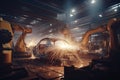 Cinematic view of a car manufacturing plant, with sparks flying from welding robots and warm lighting Royalty Free Stock Photo