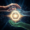 Cinematic view: A physical hand and a translucent wireframe hand hold a pulsing hexagonal energy core against a dark matrix, symbo Royalty Free Stock Photo