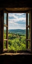 A Cinematic View Of Tuscany: Borgo Pignano Window Overlooking Expansive Valley