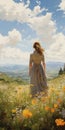 Cinematic View Woman Walking Through Tall Grass Painting