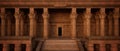 Cinematic wide panorama of entrance to ancient Egyptian tomb with stone steps and collumns. 3D rendering