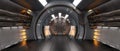 Cinematic widescreen 3D rendering of science fiction space ship or station corridor with round doorway