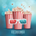 Cinematograph concept banner design template with popcorn, drink, film reel, film tape and ticket on blue bokeh background