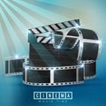 Cinematograph concept banner design template with popcorn, drink, film reel, film tape and ticket on blue bokeh background