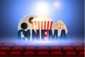 Cinematograph concept banner for the film industry. Popcorn, drink, theater seats and tickets on a background with Royalty Free Stock Photo