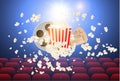 Cinematograph concept banner for the film industry. Popcorn, drink, theater seats and tickets on a background with