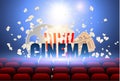 Cinematograph concept banner for the film industry. Popcorn, drink, theater seats and tickets on a background with Royalty Free Stock Photo