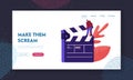 Cinematograph, Movie Making Process Website Landing Page. Man Studio Worker Assistant Stand on Huge Clapperboard