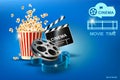 Cinematograph, popcorn for movie theater and online cinema, reel with film, online cinema, cinema concept banner, strip