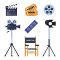 Cinematography icons set. Movie, cinema making professional equipment for recording film. Director chair, camera, lighting,