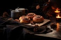 Cinnabon Buns with glaze on wooden background, autumn leaves