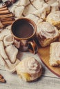Cinnabon cinnamon and cream for tea. Royalty Free Stock Photo