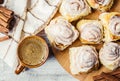 Cinnabon cinnamon and cream for tea. Royalty Free Stock Photo