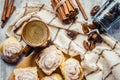 Cinnabon cinnamon and cream for tea. Royalty Free Stock Photo