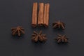 Cinnamon, anise, and coffee beans isolated on a black background. Royalty Free Stock Photo
