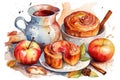 Cinnamon apple tea and pastries, Watercolor