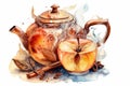 Cinnamon apple tea in a teapot, Watercolor