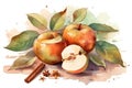 Cinnamon apples and tea leaves, Watercolor - Generative Ai