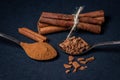 Cinnamon on a black background. A spoonful of young cinnamon lies next to a spoonful of crushed cinnamon.