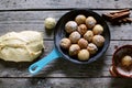 Cinnamon buns dough making dessert, homemade baking Royalty Free Stock Photo