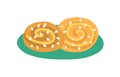 Cinnamon buns with sprinkled sugar. Baked danish cinamon roll. Traditional Swedish bakery. Colored flat vector