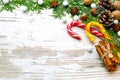 Cinnamon, caramel a hook, nuts, an anisetree, fir-tree branches, snow on a light wooden background close up