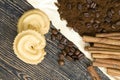 cinnamon, cookies and aromatic coffee beans Royalty Free Stock Photo