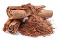 Cinnamon dried bark strips and cinnamon powder, sweet-smelling brown substance used in cooking, isolated on white background