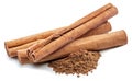 Cinnamon dried bark strips and cinnamon powder, sweet-smelling brown substance used in cooking, isolated on white background