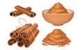 Cinnamon Dried Sticks or Bark Strips Tied in Bunch and Powder in Bowl Vector Set