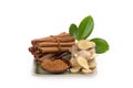 Cinnamon, green leaves,bark ,powder and ginger isolated on white background.