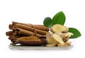 Cinnamon, green leaves,bark ,powder and ginger isolated on white background.