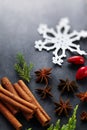 Cinnamon,hips, crochet snowflake,fir on dark vintage backgroun