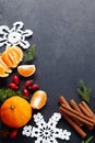 Cinnamon,hips, crochet snowflake,fir on dark vintage background.Christmas holiday.