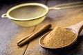 Cinnamon powder, close-up food condiment, spice obtained from arvora bark, used in sweet and savory foods