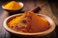 cinnamon powder poured into a plate, spices are heaped, the plate is on the table