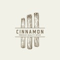 Cinnamon Premium Quality Spice Abstract Vector Sign, Symbol or Logo Template. Hand Drawn Cinnamon Sticks with Vintage Royalty Free Stock Photo