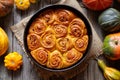Cinnamon pumpkin dough bun rolls spicy traditional Danish baked vegan sweet autumn treat