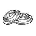 Cinnamon roll buns. Vector illustration isolated, linear. Bakery goods french. Hand drawn sketch traditional bread