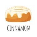 Cinnamon roll with sugar icing set in cartoon style Traditional Swedish sweet.
