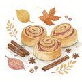 Cinnamon rolls with autumn spices surrounded by fall leaves in a cozy setting Royalty Free Stock Photo