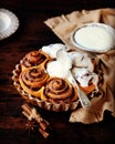 Cinnamon Rolls Baked in Ceramic Mold with Cream Cheese Icing Royalty Free Stock Photo