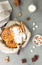 Cinnamon rolls Cinnabon baked in a cast iron skillet with cream cheese icing Royalty Free Stock Photo