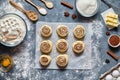 Cinnamon rolls or cinnabon homemade recipe raw dough preparation sweet traditional dessert buns pastry food Royalty Free Stock Photo