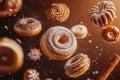 Cinnamon rolls and cookies floating on cinnamon brown background Royalty Free Stock Photo